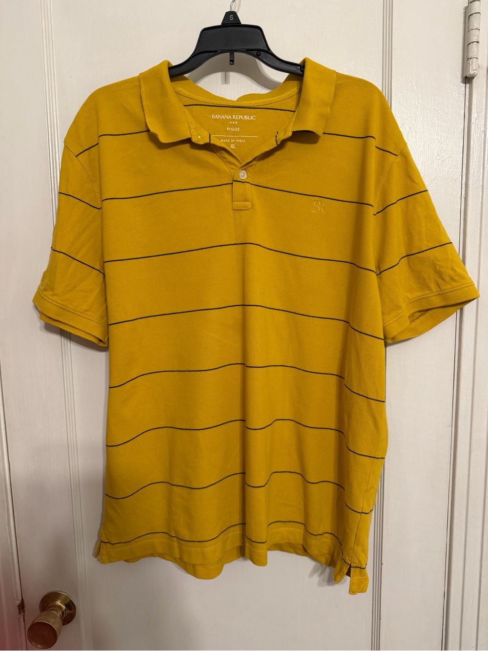 Banana Republic Mustard Yellow Polo with Thin Black Stripes